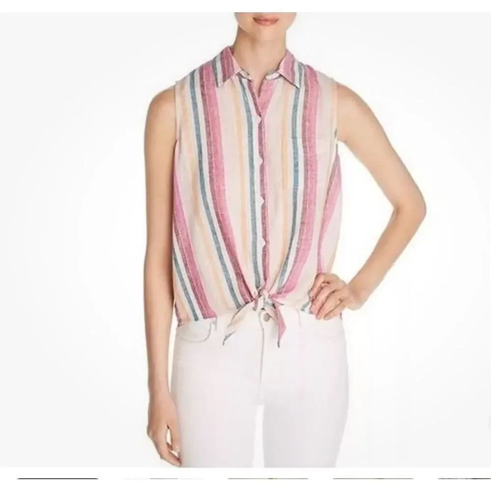 BEACHLUNCHLOUNGE Janera Linen blend Tank Top Tie-Front Stripe Preppy blouse XS